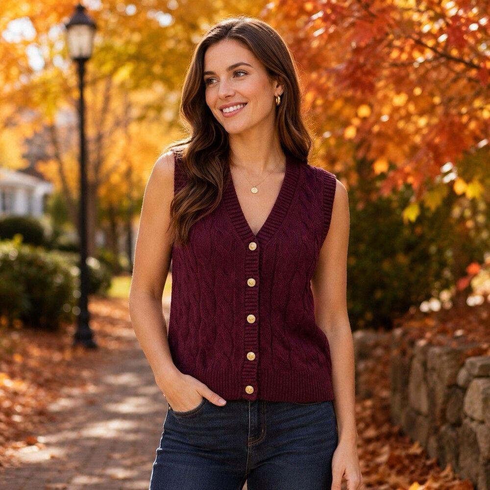 Talbots Burgundy Wool Blend Sleeveless Cable-Knit V-Neck Sweater Vest Women M